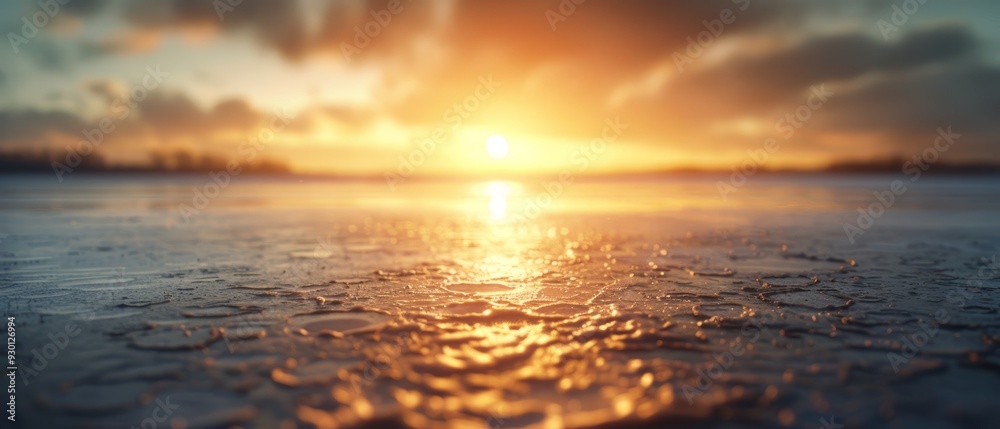 Fototapeta premium Sun sinking into water, water droplets on ground, backdrop of colored sky