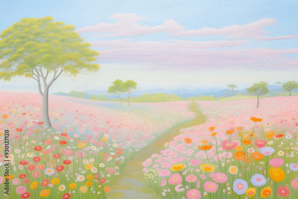 Fototapeta premium Flower field painting landscape grassland.