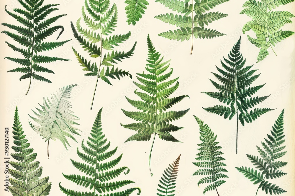 Obraz premium A botanical print of different types of ferns, showcasing their unique leaf shapes and intricate details.