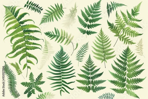 A botanical print of different types of ferns, showcasing their unique leaf shapes and intricate details.