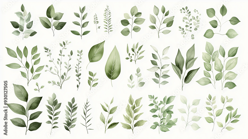 A collection of green leaves in various sizes and shapes A collection of green leaves in various sizes and shapes