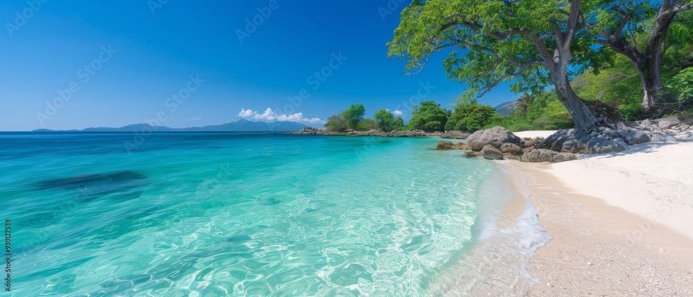 Fototapeta premium sandy beach, crystal-clear blue waters, solitary tree