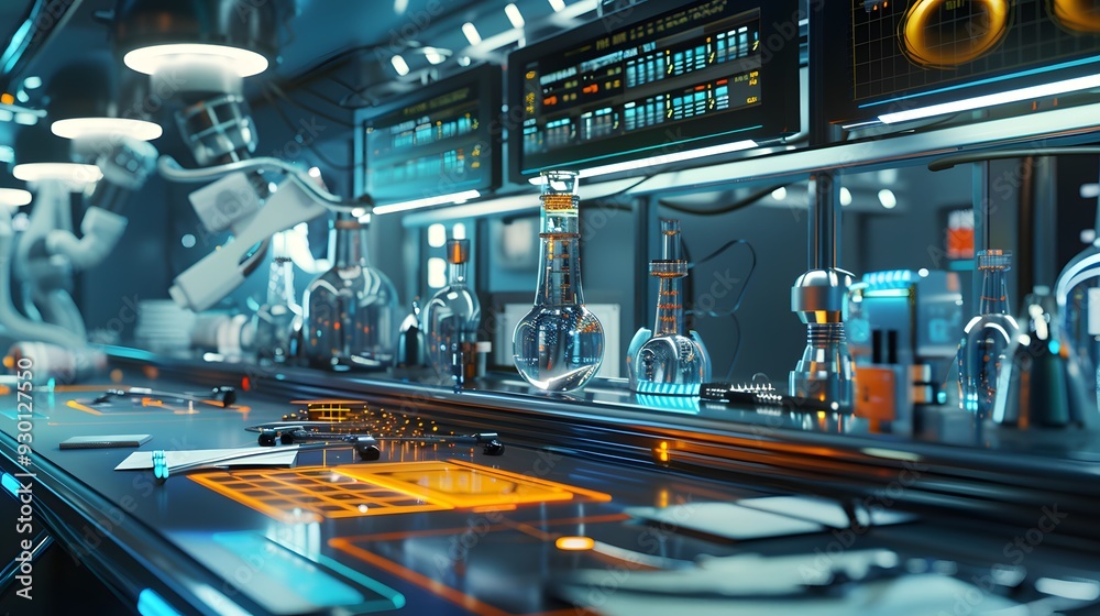 A creative representation of programmable nanobots being configured to perform specific tasks, set in a sophisticated lab with interactive control panels and customizable A creative representation of programmable nanobots being configured to perform specific tasks, set in a sophisticated lab with interactive control panels and customizable
