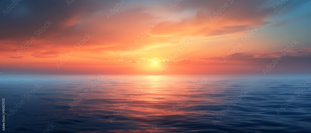 A tranquil expanse of water, graced with a sunset at its heart, cradles clouds in the azure canvas above A tranquil expanse of water, graced with a sunset at its heart, cradles clouds in the azure canvas above