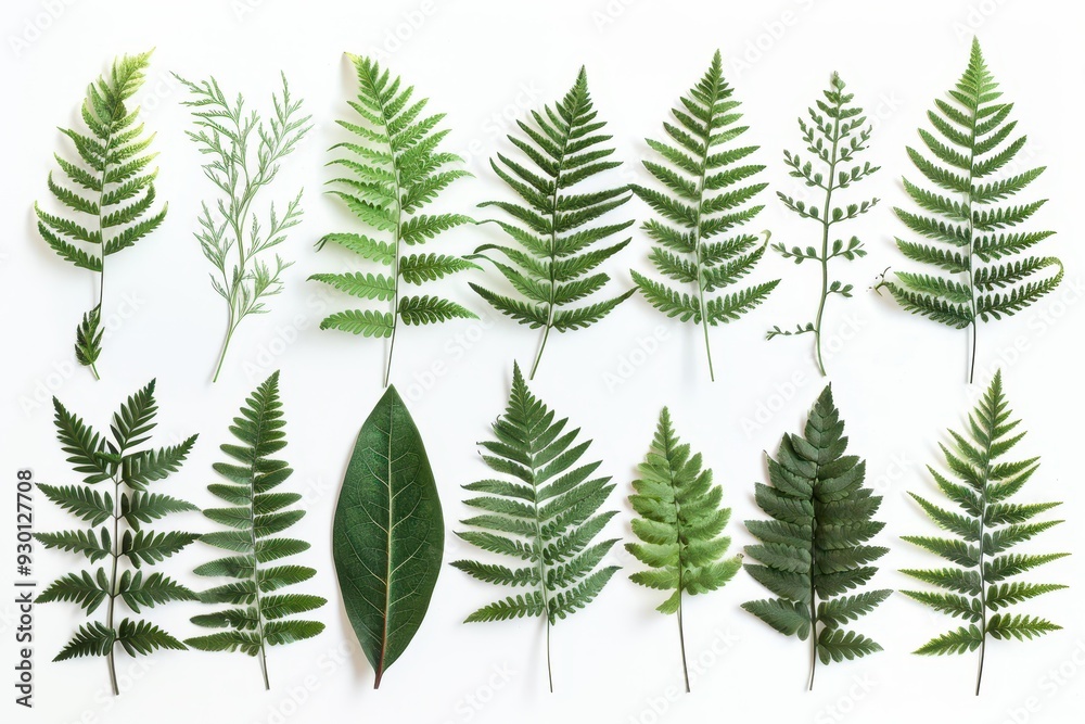 Obraz premium A botanical print of different types of ferns, showcasing their unique leaf shapes and intricate details.