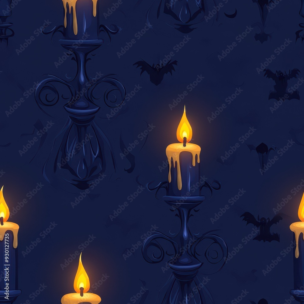 Fototapeta premium seamless pattern, A dark, moody pattern featuring glowing candles and bat motifs, perfect for Halloween or gothic-themed designs.