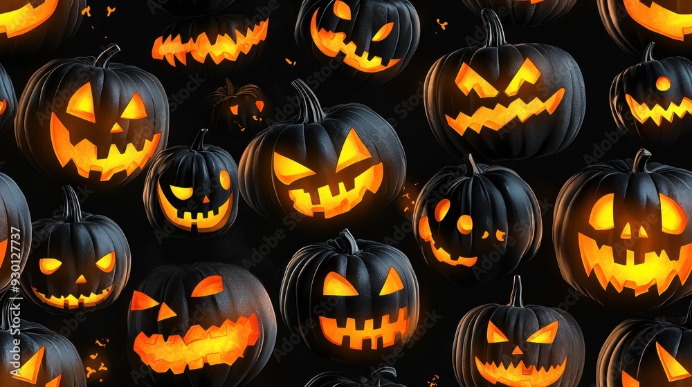 seamless pattern, A collection of spooky black pumpkins illuminated with glowing orange faces, perfect for Halloween-themed decorations and events. seamless pattern, A collection of spooky black pumpkins illuminated with glowing orange faces, perfect for Halloween-themed decorations and events.