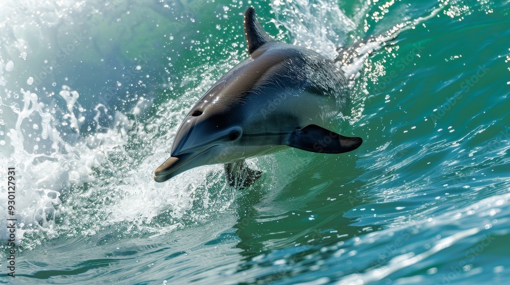 Naklejka premium Dolphins exhibit intelligence and social behavior, often seen playing in ocean waves.