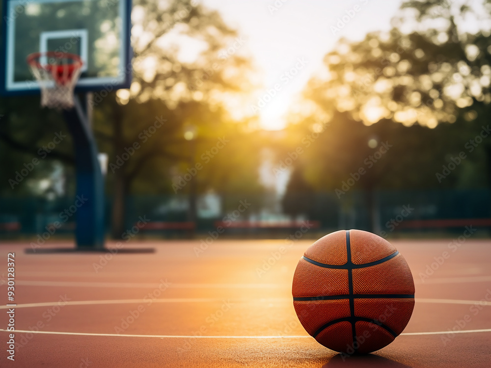 Old basketball with a basket in the background on an outdoor court Old basketball with a basket in the background on an outdoor court