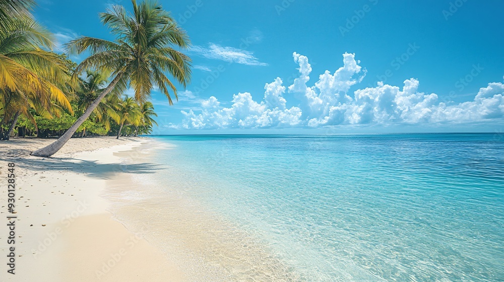 Tropical Paradise Beach Sale Promotion: Clear Blue Waters, Palm Trees, White Sand with Copy Space Tropical Paradise Beach Sale Promotion: Clear Blue Waters, Palm Trees, White Sand with Copy Space