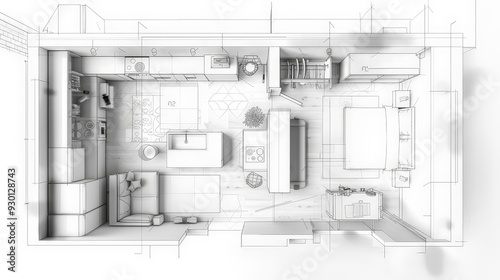 Draw a detailed floor plan for a small urban apartment, focusing on efficient use of space, multifunctional furniture, and storage solutions. photo