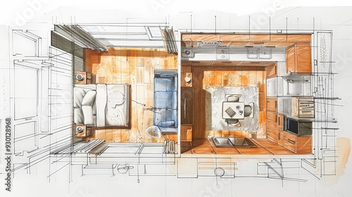 Draw a floor plan for a small studio apartment, detailing the efficient use of space, multifunctional furniture, and storage solutions. photo