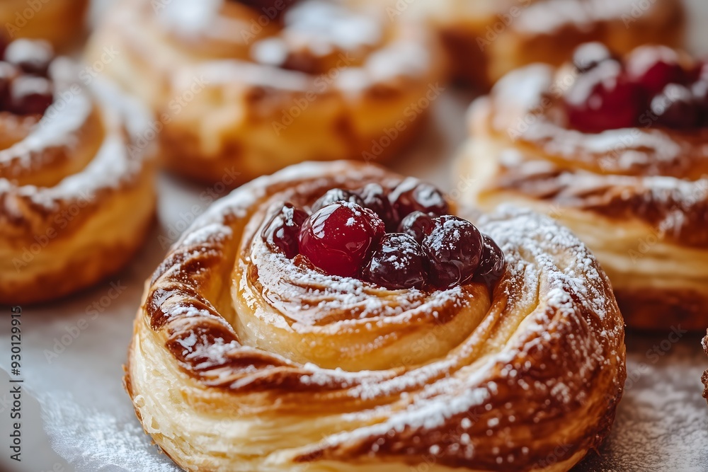 A tray of freshly made Danish pastries topped with red berries and powdered sugar A tray of freshly made Danish pastries topped with red berries and powdered sugar