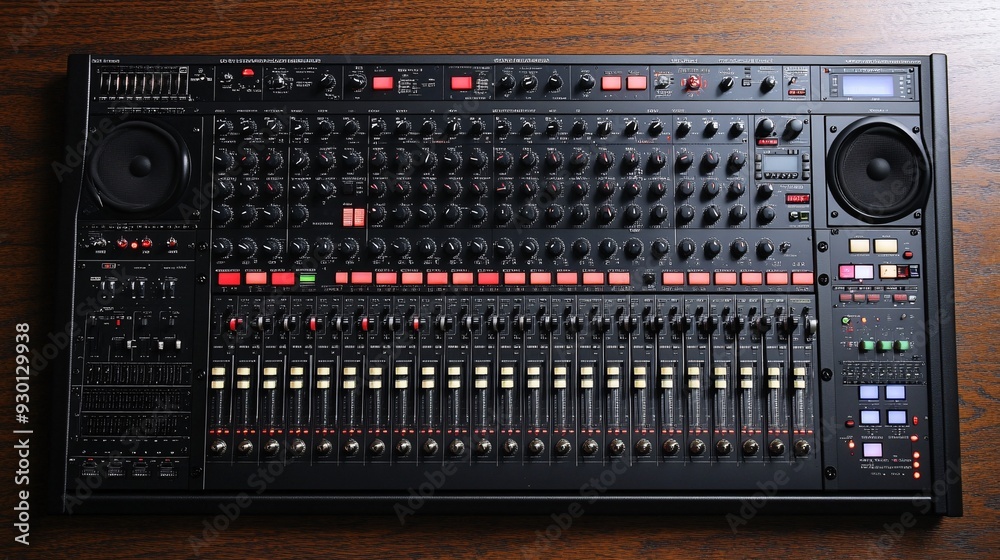 Modern Digital Sound Mixing Console with Sleek Design and Ample Copy Space, Top-Down View Modern Digital Sound Mixing Console with Sleek Design and Ample Copy Space, Top-Down View