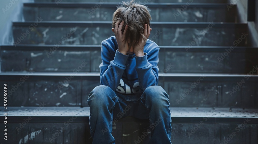 Sad boy sitting on the steps of the school. Child bullying concept. Sad boy sitting on the steps of the school. Child bullying concept.