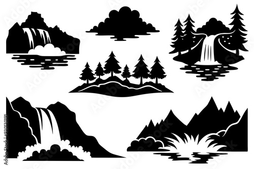 Vector Silhouettes of River and Waterfall Scenes: Flowing River, Cascading Waterfall, Stream, Rapids, Lagoon, River Delta