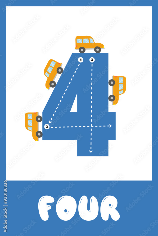 Naklejka premium Learning numbers 4. Educational cards for children with numbers. Handwriting training. Vector illustration. Children's game. Flashcard for children learning numbers from 1 to 10.