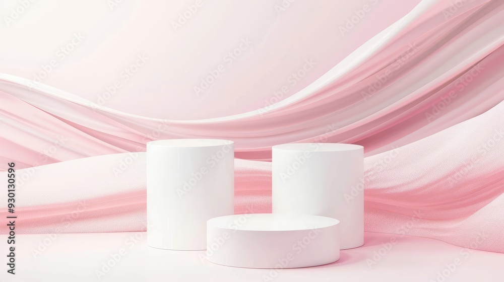 White cylindrical displays rest on a smooth surface, set against a gentle pink backdrop that creates an inviting atmosphere White cylindrical displays rest on a smooth surface, set against a gentle pink backdrop that creates an inviting atmosphere