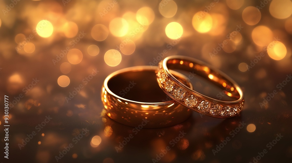 Elegant close-up of two gold wedding rings, one adorned with diamonds, set against a soft, bokeh-light background. Elegant close-up of two gold wedding rings, one adorned with diamonds, set against a soft, bokeh-light background.