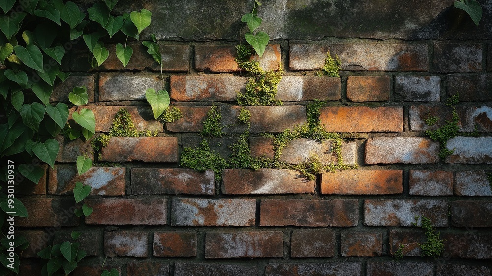 Old brick wall partially covered with lush green vines and moss, illuminated by warm sunlight creating a natural, rustic scene. Old brick wall partially covered with lush green vines and moss, illuminated by warm sunlight creating a natural, rustic scene.