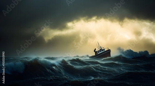 A lone fisherman battling strong winds on a rough sea, dark, ominous clouds overhead, turbulent waves crashing against the boat, dramatic lighting with occasional bursts of sunlight, tense and