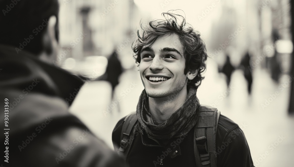 Smiling man with backpack looks up at someone. Smiling man with backpack looks up at someone.