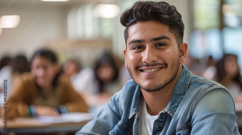 Portrait of smiling young male student sitting in lecture hall at university. Portrait of smiling young male student sitting in lecture hall at university.
