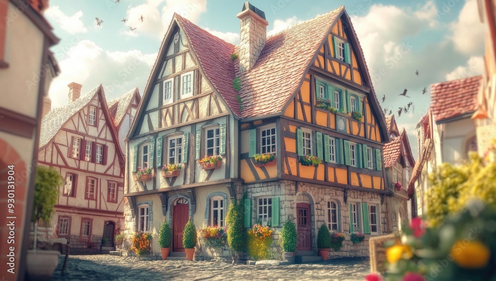 Cobblestone street lined with charming, ornate houses. Cobblestone street lined with charming, ornate houses.