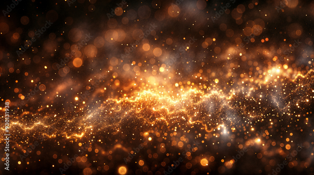 Fototapeta premium Golden glitter lights on black background. Abstract blurred shiny particles. Festive concept for Christmas, New Year, birthday. Background for design, print, banner, poster with copy space