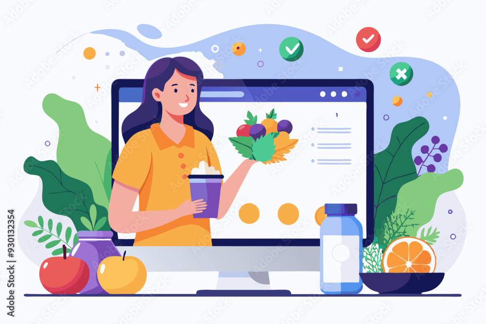 A woman holds fruit in front of a computer screen A woman holds fruit in front of a computer screen