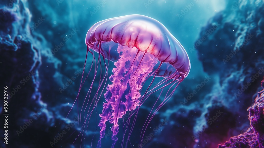 Discover a surreal ad with a glowing jellyfish showcasing luxury skincare in an enchanting underwater realm. Discover a surreal ad with a glowing jellyfish showcasing luxury skincare in an enchanting underwater realm.