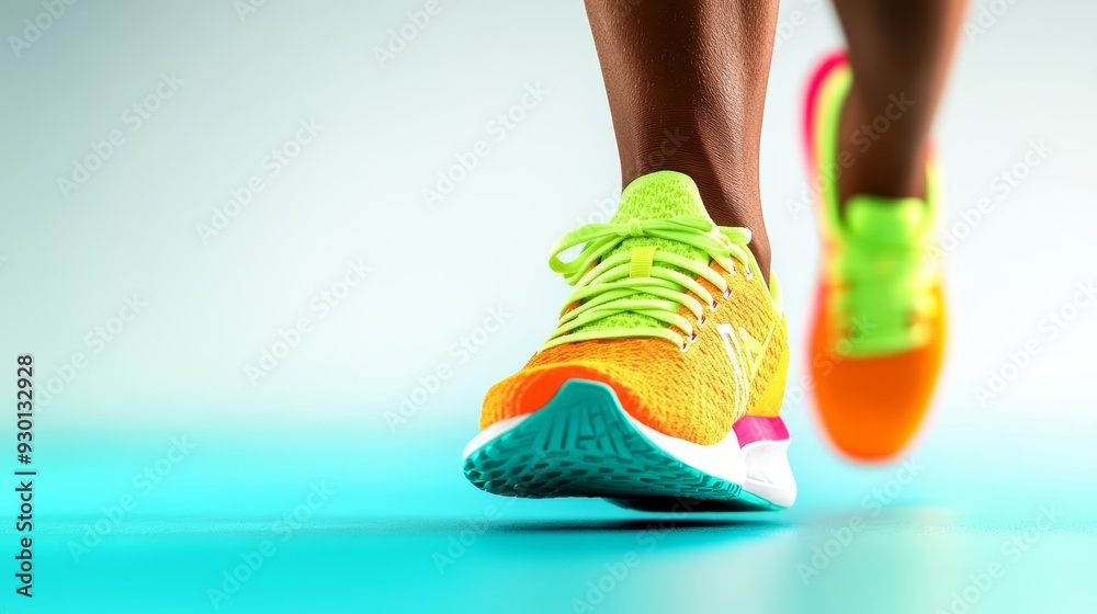 Naklejka premium Close-up of a runner's feet in mid-sprint, athletic shoes capturing the energy and speed, isolated on a white background
