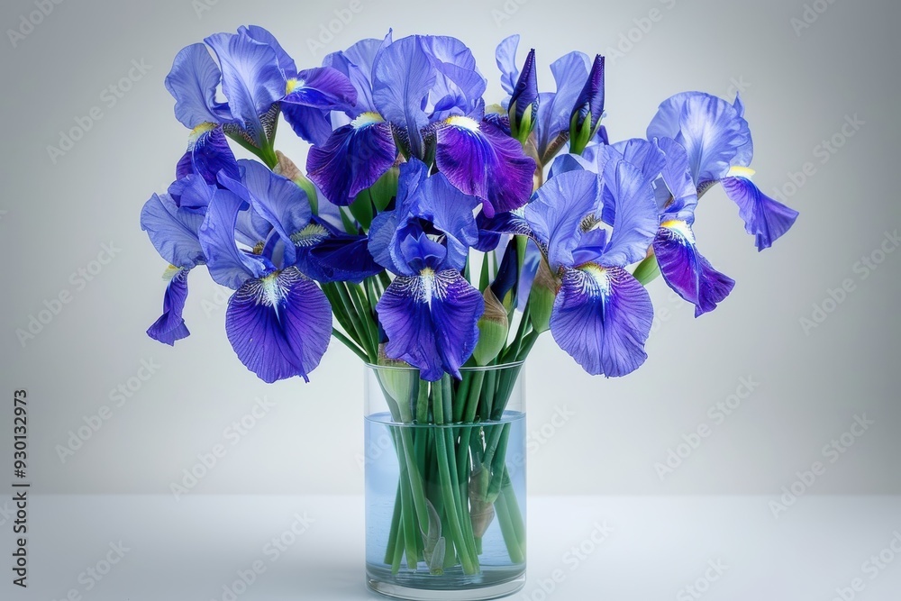 A bouquet of irises in a clear vase, with their deep blue and purple petals creating a striking contrast. A bouquet of irises in a clear vase, with their deep blue and purple petals creating a striking contrast.
