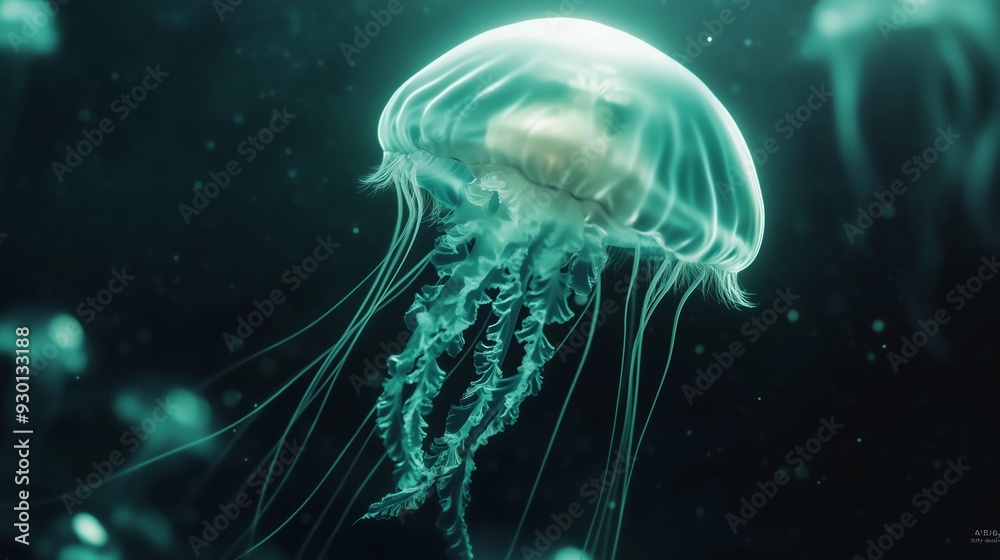 Join a floating jellyfish influencer in a surreal ad for luxury skincare in an enchanting underwater realm. Join a floating jellyfish influencer in a surreal ad for luxury skincare in an enchanting underwater realm.