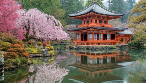 Japanese temple reflected in still pond with cherry blossom trees.