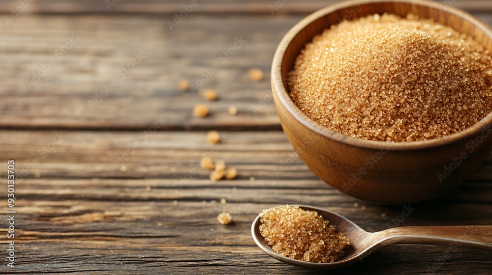 Brown sugar in bowl with spoon on wooden table, closeup shot