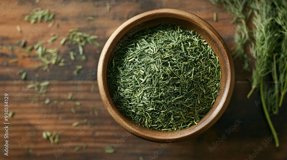 Closeup of Dried Dill in Bowl on Wooden Table Closeup of Dried Dill in Bowl on Wooden Table