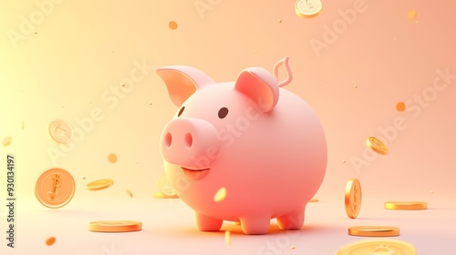 A pink piggy bank stands on top of a stack of gold coins against a soft orange background.