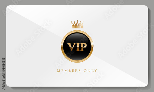 Premium VIP card in white color with golden crown and other elements. Luxury design. Vector illustration
