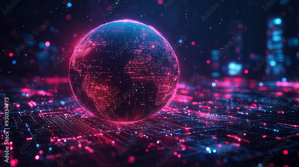 Futuristic digital Earth hologram with glowing red connections in dark environment Futuristic digital Earth hologram with glowing red connections in dark environment