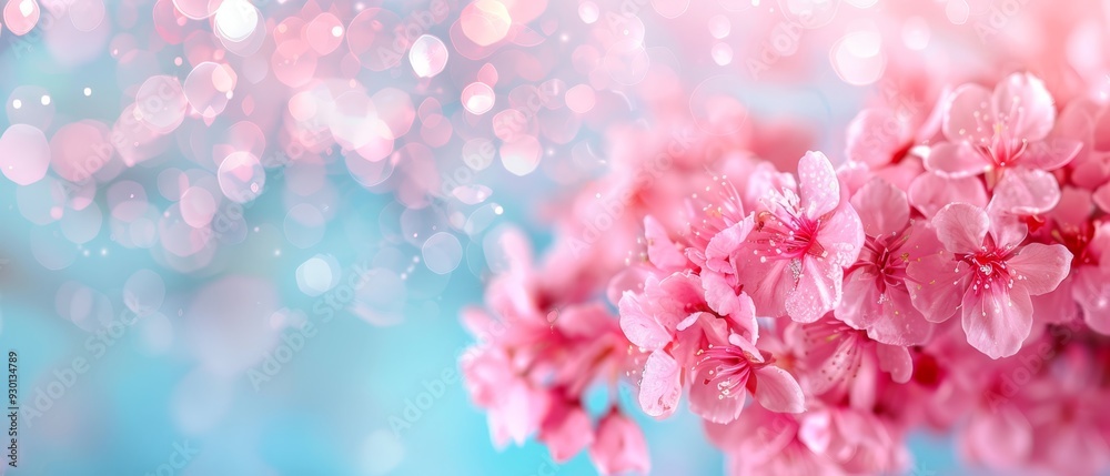 A tight shot of pink blooms against a blue-tinted backdrop, softly blurred background with a gentle bokeh of light A tight shot of pink blooms against a blue-tinted backdrop, softly blurred background with a gentle bokeh of light