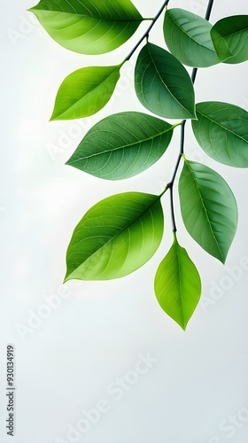 Branches adorned with vibrant leaves against a white background, exuding youthful vitality. 32k UHD, Flickr, hanging scroll.