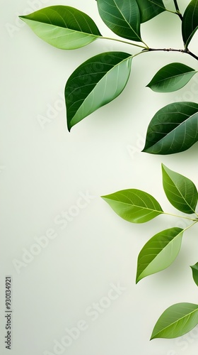 Branches adorned with vibrant leaves against a white background, exuding youthful vitality. 32k UHD, Flickr, hanging scroll.