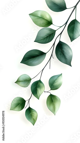 Branches adorned with vibrant leaves against a white background, exuding youthful vitality. 32k UHD, Flickr, hanging scroll.