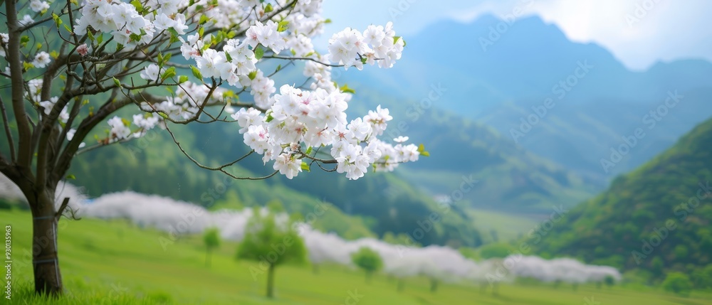  A tree displaying white flowers in the foreground Behind it, a mountain range with green grass and trees