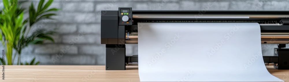 A modern cutting machine with a blank roll of paper, ideal for craft and design projects in a contemporary workspace. A modern cutting machine with a blank roll of paper, ideal for craft and design projects in a contemporary workspace.