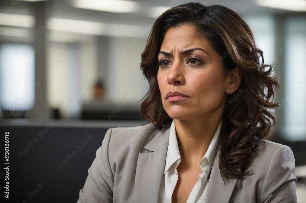 Businesswoman contemplating in modern office setting Businesswoman contemplating in modern office setting