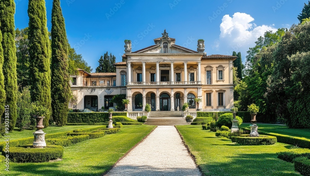 Obraz premium A grand Italian villa with manicured gardens.