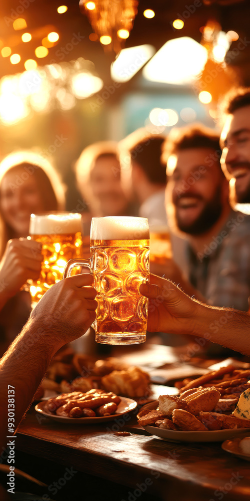 table with people sitting at the Oktoberfest drinking beer from mugs and eating snacks. AI generative. table with people sitting at the Oktoberfest drinking beer from mugs and eating snacks. AI generative.