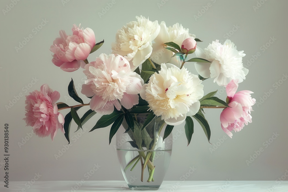 Obraz premium A bouquet of peonies in various stages of bloom, with soft pink and white petals, placed in a clear glass vase. 